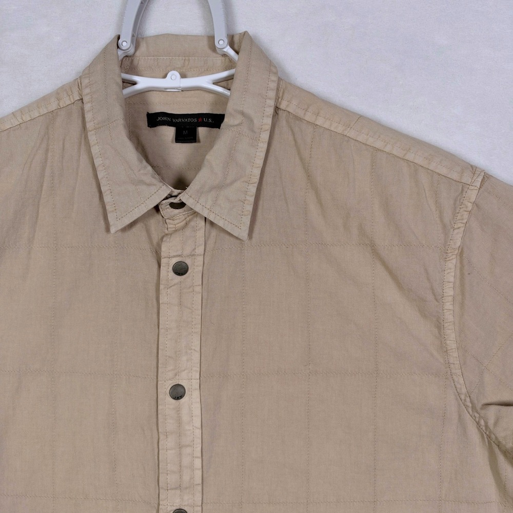 John Varvatos USA Mens Medium Tan Quilted Grid Short Sleeve Snap Button Shirt